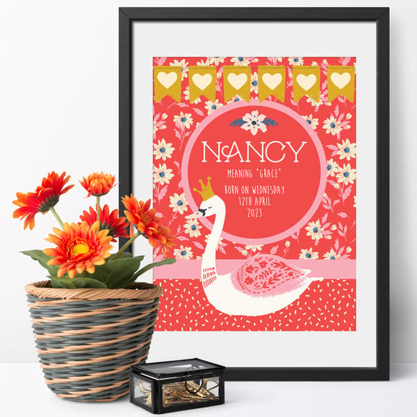 Swan -Personalised Name Meaning Nursery Print