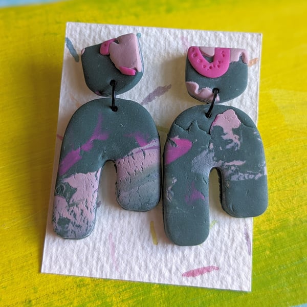 Statement earrings, khaki green and pinks, polymer clay earrings