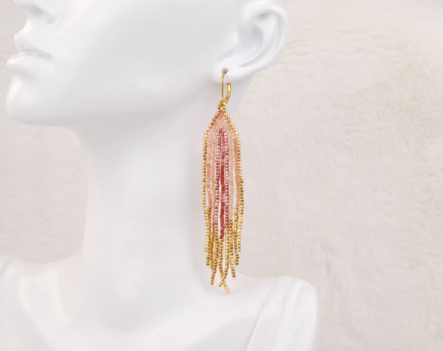 Beaded fringe earrings in pink and gold, Elegant beaded dangle earrings