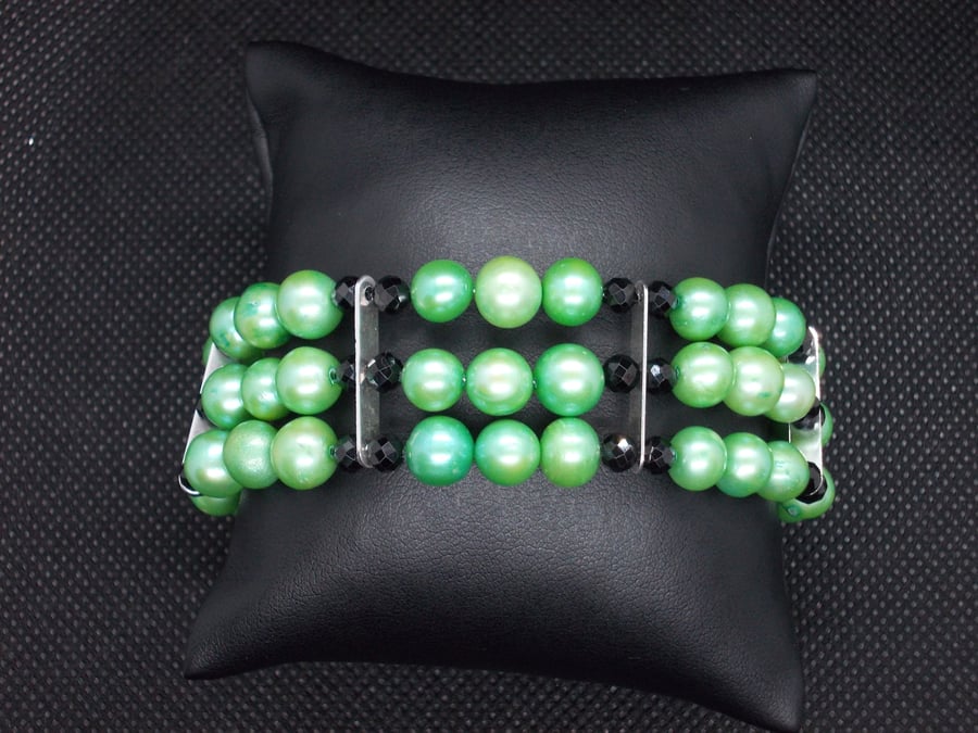 SALE - Apple green pearl three strand bracelet