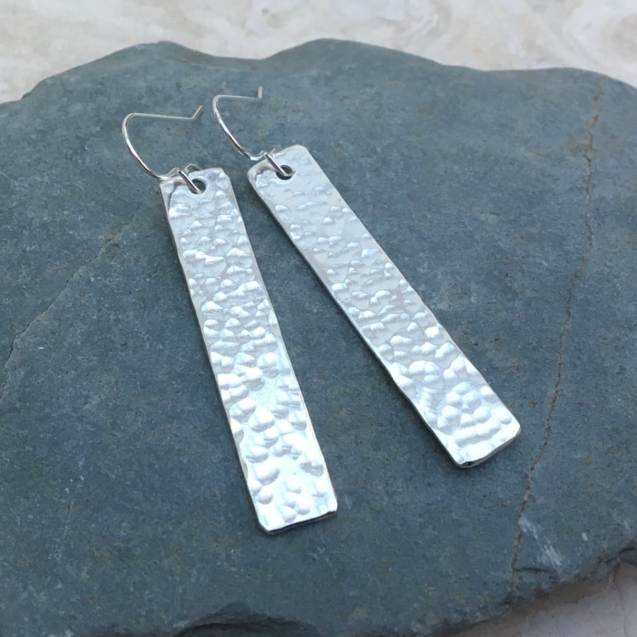Sterling Silver Long Hammered Rectangle Earrings - SILV066