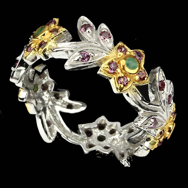 Emerald and Garnet Floral Foliate Garland Full Band Ring