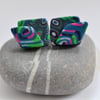 Blue, Teal, Hot Pink & Apple Green, Small Square, Handmade Polymer Clay Earrings
