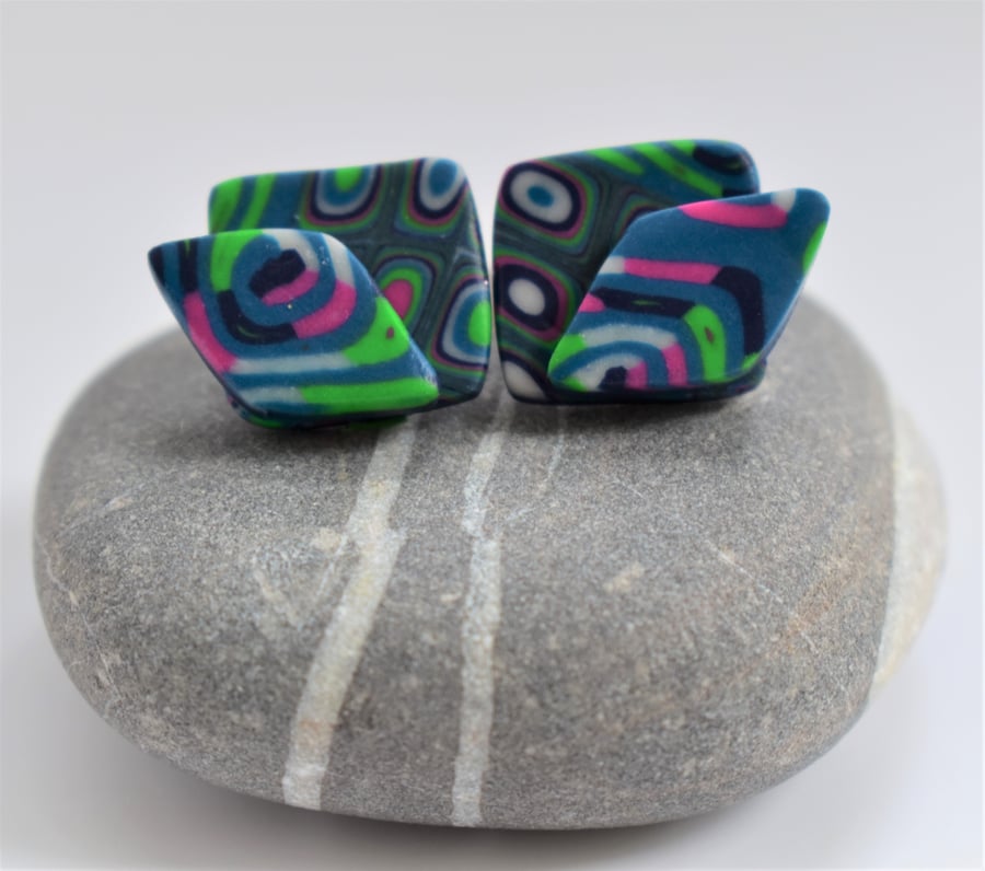 Blue, Teal, Hot Pink & Apple Green, Small Square, Handmade Polymer Clay Earrings