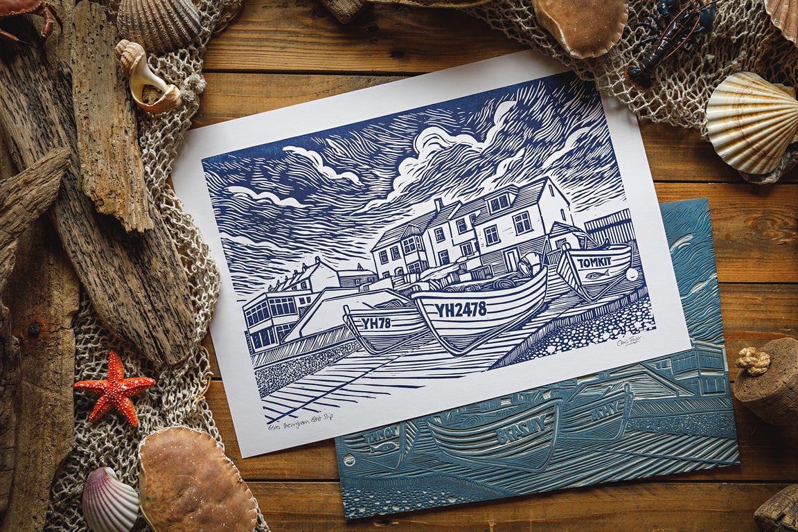 Fishing boats on the slipway - original linocut print A3