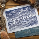 Fishing boats on the slipway - original linocut print A3