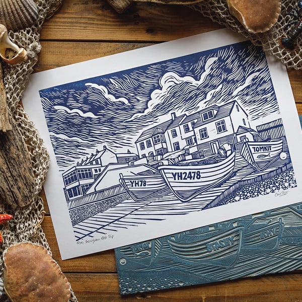 Fishing boats on the slipway - original linocut print A3