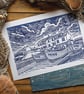 Fishing boats on the slipway - original linocut print A3