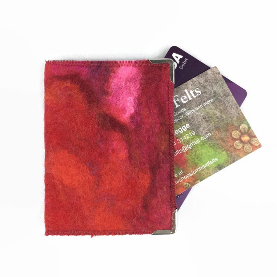 Card wallet, hand felted in a blend of red wool with RFID lining