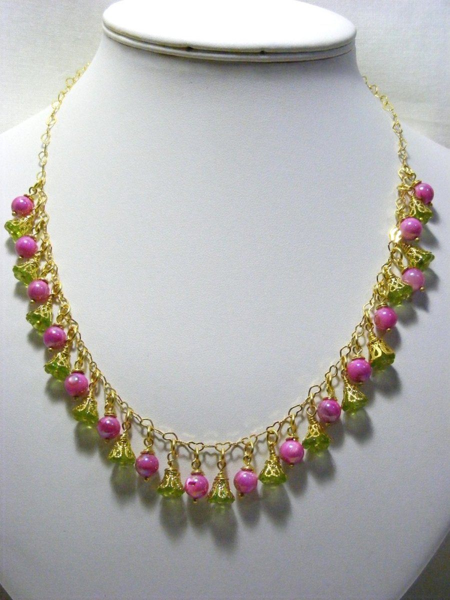 Pink and Green Flower Necklace