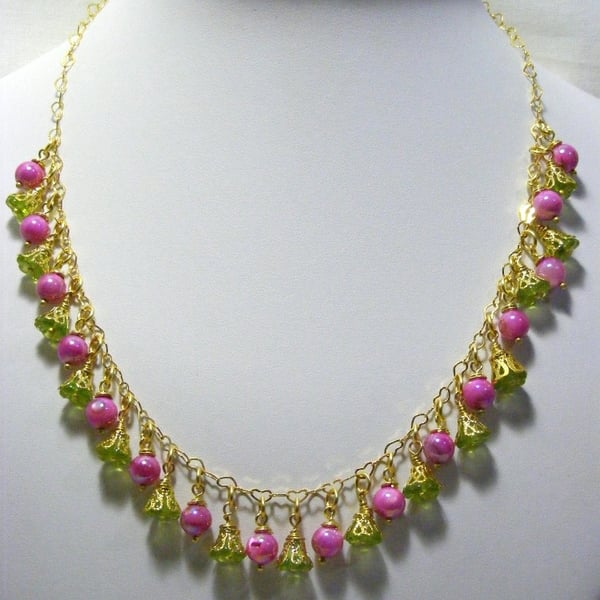 Pink and Green Flower Necklace