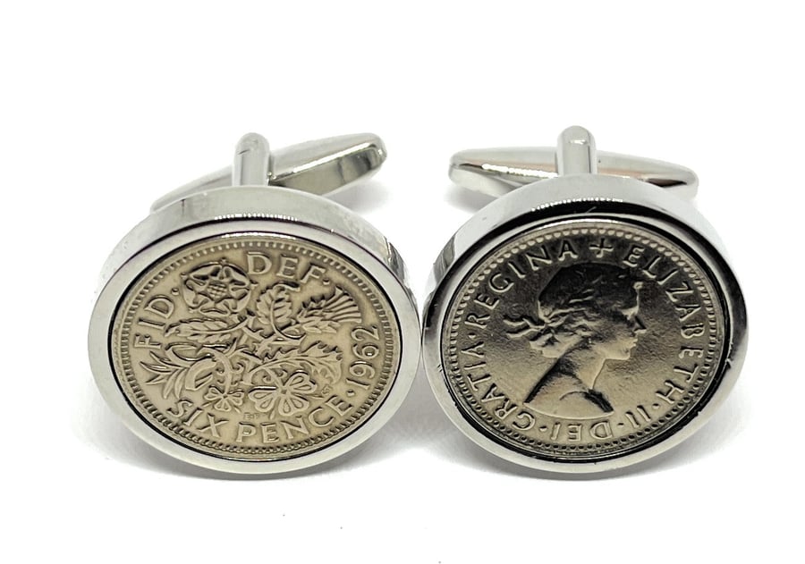 1962 Sixpence Cufflinks 63rd birthday. Original sixpence coins Great gift idea