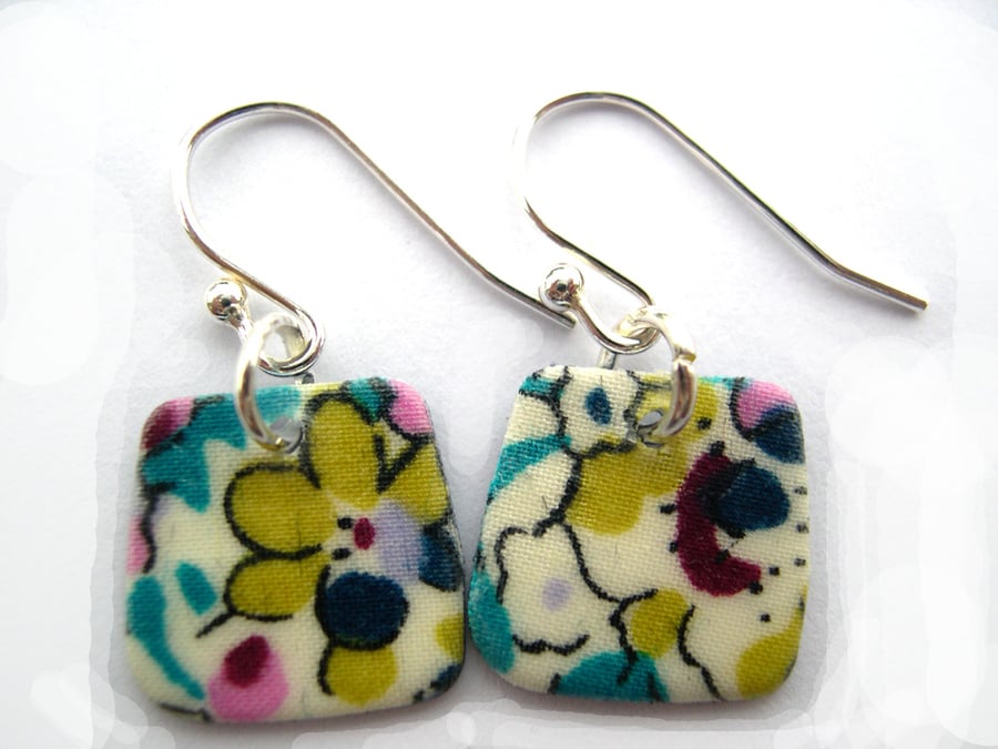 Unusual Gift  Sterling Silver Hardened Liberty of London Fabric Square Earrings