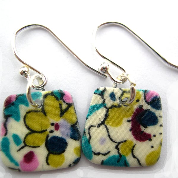 Unusual Gift  Sterling Silver Hardened Liberty of London Fabric Square Earrings