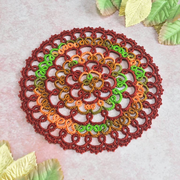 Handmade Round Doily in Shuttle Tatting - Autumn Colours