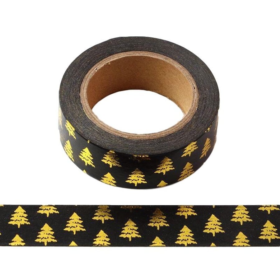 Black with Gold Foil Christmas Tree Washi Tape Decorative Masking Stick on Trim 