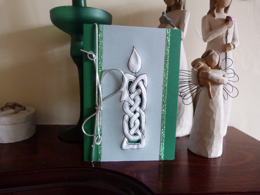 SALE   Green Celtic Candle Christmas Card
