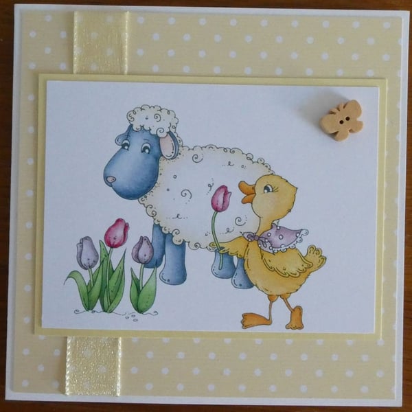 Sale - Sheep and Duck Card - Birthday,  Easter, Get Well, New Baby