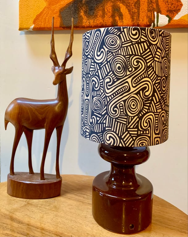 Abstract  Lampshade Ecru and Black swirly Ethnic Tribal Recycled Fabric