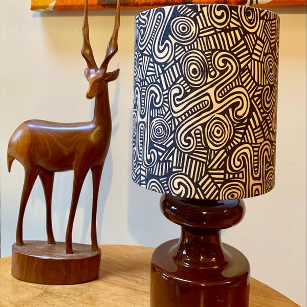 Abstract  Lampshade Ecru and Black swirly Ethnic Tribal Recycled Fabric