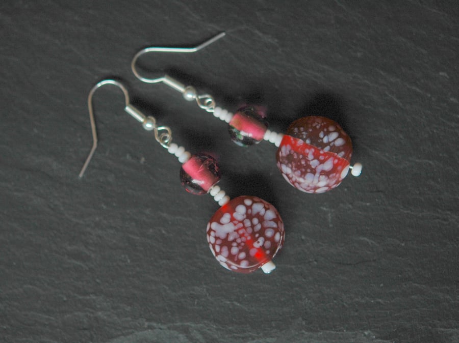 Cherry red and white drop earrings 