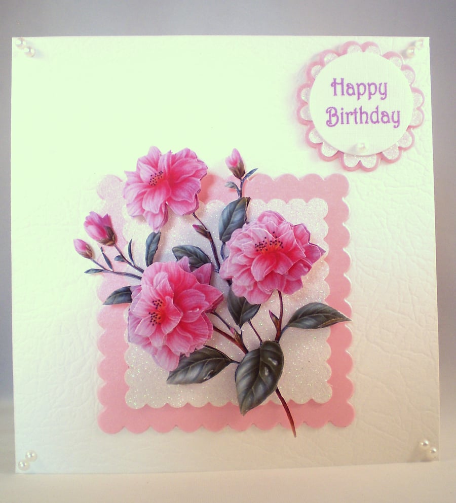 Handmade Decoupage,3D Peony Rose Birthday Card, Personalise