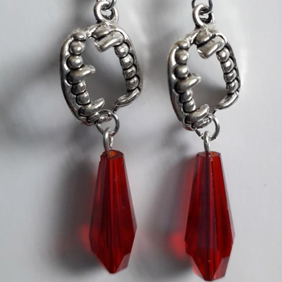 Fang & Ruby Red Crystal Halloween Dangle Earrings