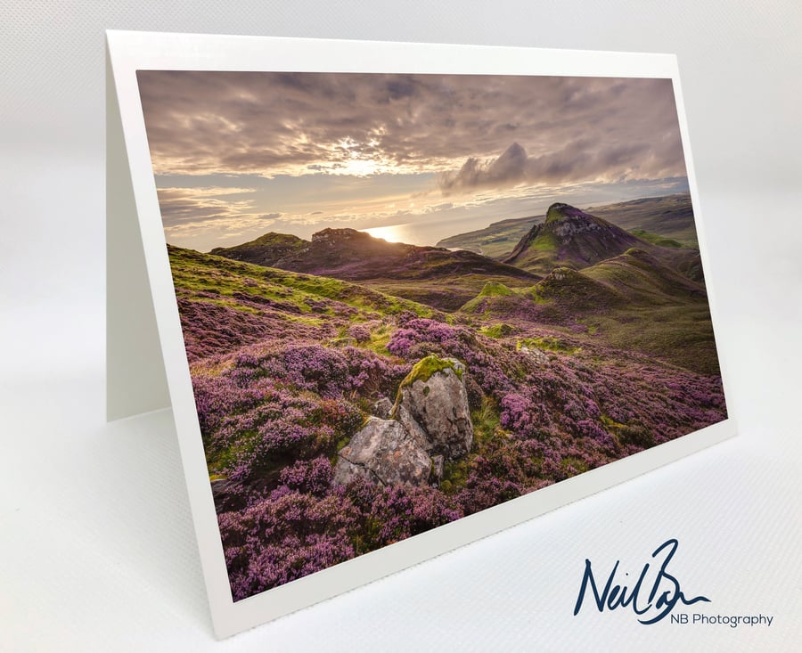 Purple Heather on Isle of Skye from the Quiraing - Greeting Card by Neil Barr