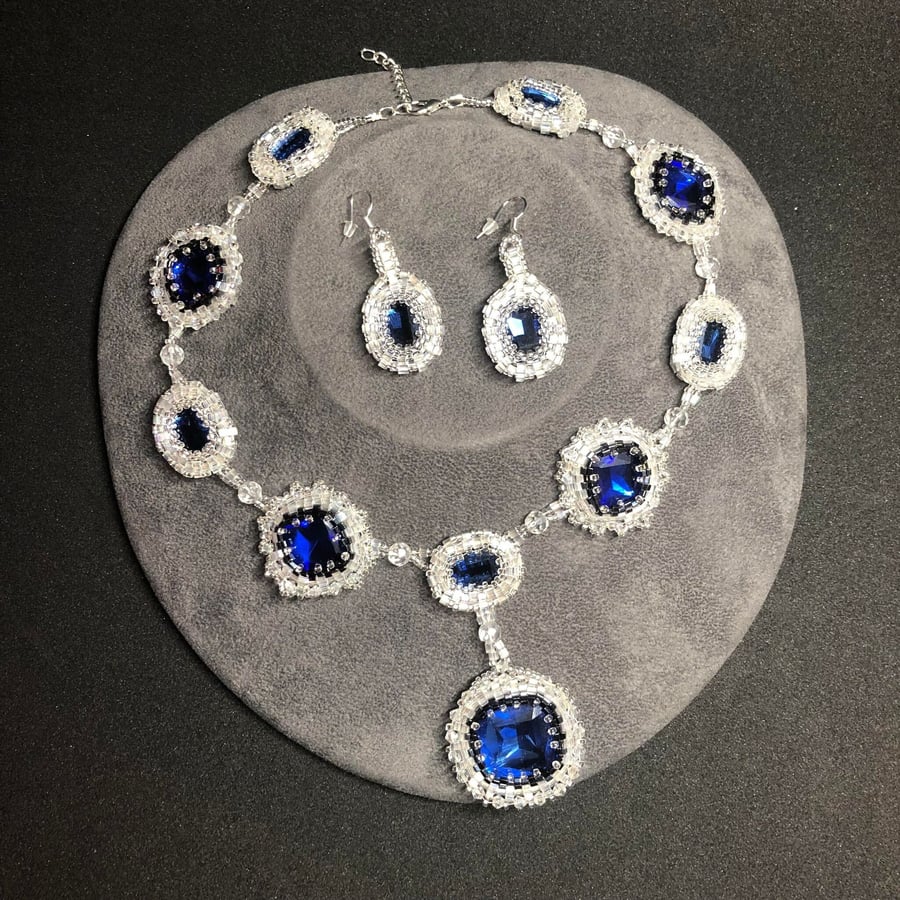 Elizabeth II Crystal and Seed bead handmade necklace and Earring set