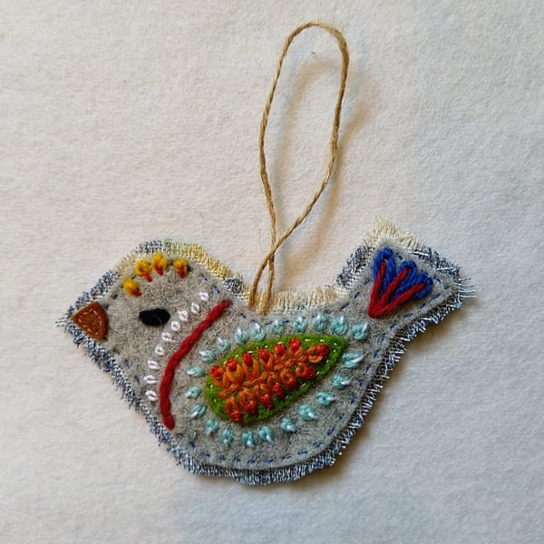 Hand embroidered folk bird hanging decoration 