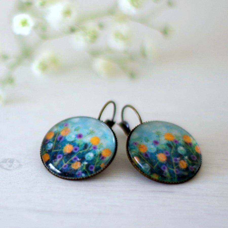 Aqua Blue Floral Earrings, Bronze Earrings with Art Print and Glass Cabochon