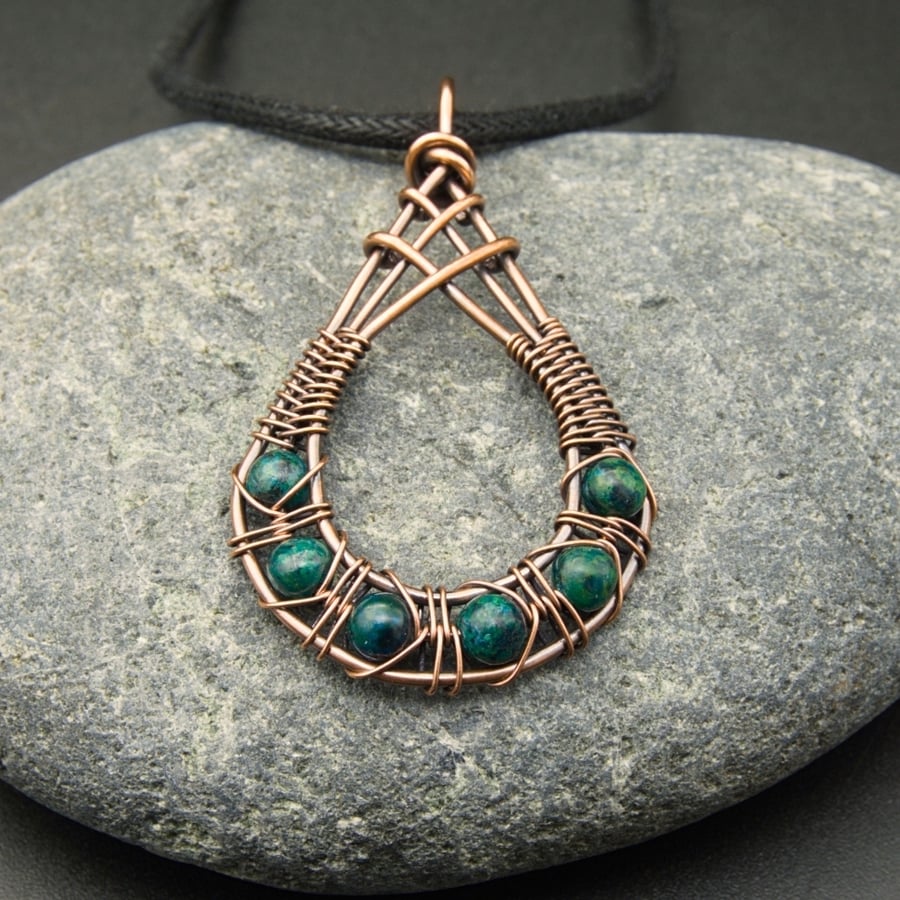Copper Wire Weave Fishtailed Drop Pendant with Chrysocolla Beads
