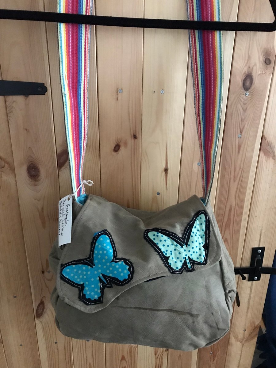 Handmade Leather Shoulder Bag with Butterflies and Rainbow stripes