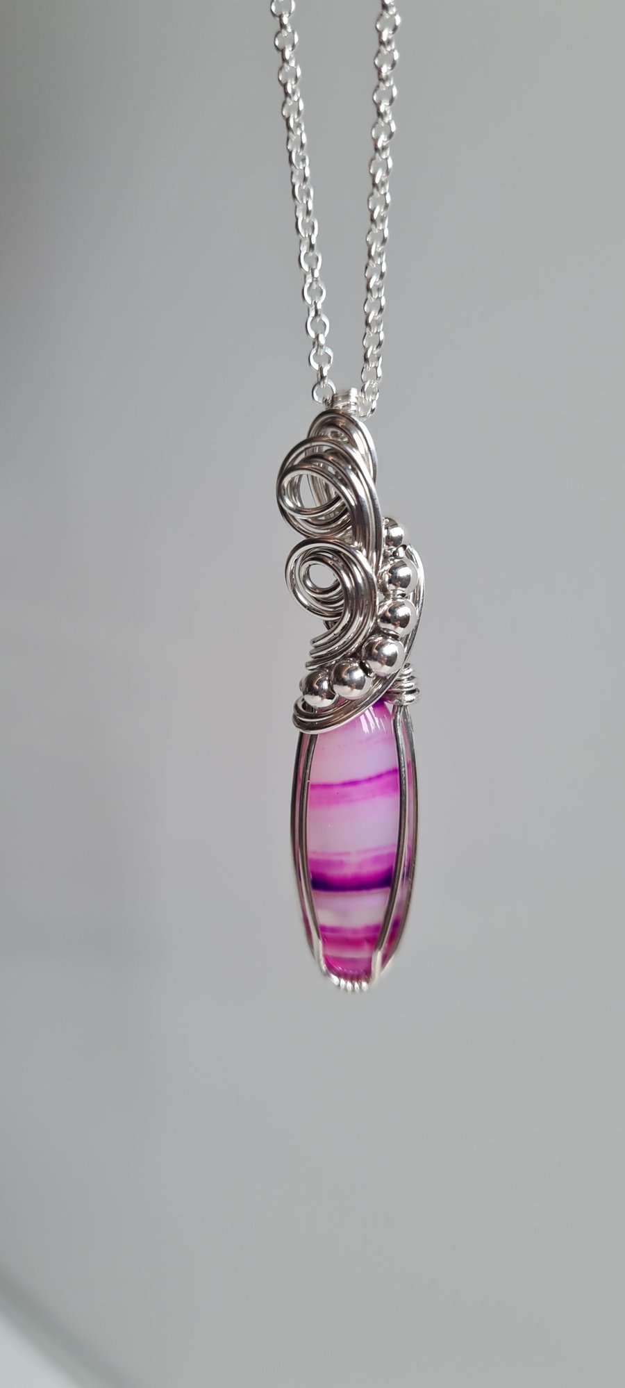 Handmade 925 Silver & Natural Pink Botswana Agate Necklace Pendant Gift Boxed 