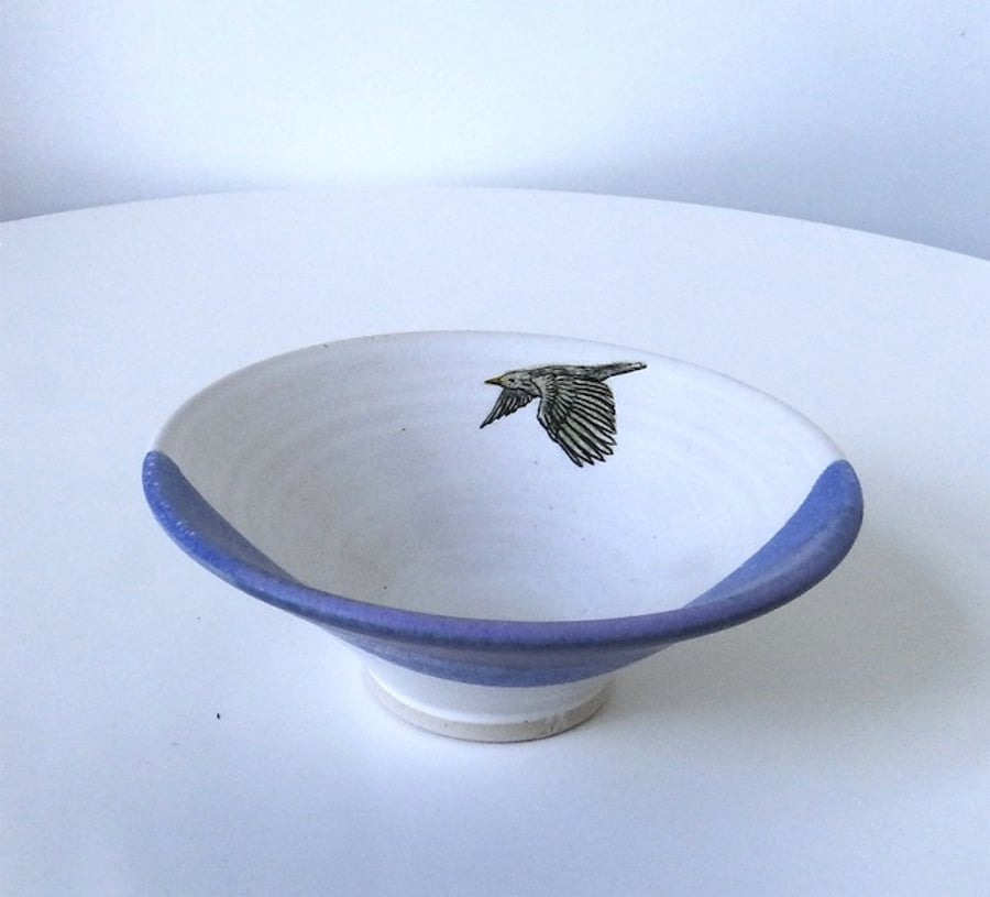 Stoneware ceramic bowl with flying gull image - handmade pottery