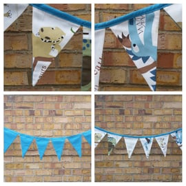 Dinosaur bunting in blue, reversible.  Free uk delivery.  