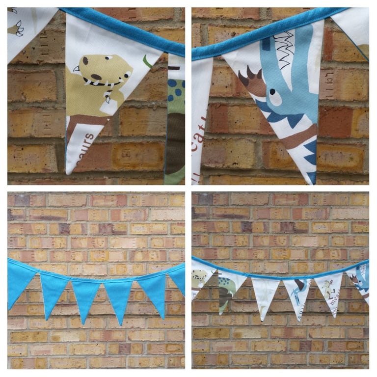 Dinosaur bunting in blue, reversible.  Free uk delivery.  