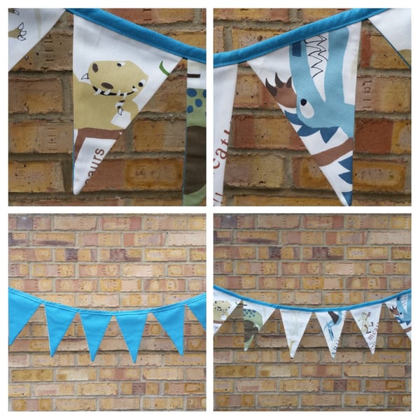 Dinosaur bunting in blue, reversible.  Free uk delivery.  