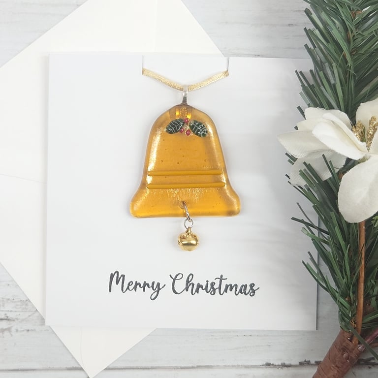 Christmas Card and Gift in One with Festive Gold Bell Christmas Decoration