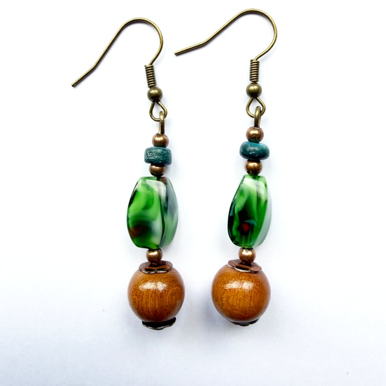 Brown Wood, Green and Blue Earthy Dangle Drop Earrings