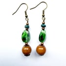 Brown Wood, Green and Blue Earthy Dangle Drop Earrings