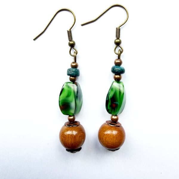 Brown Wood, Green and Blue Earthy Dangle Drop Earrings