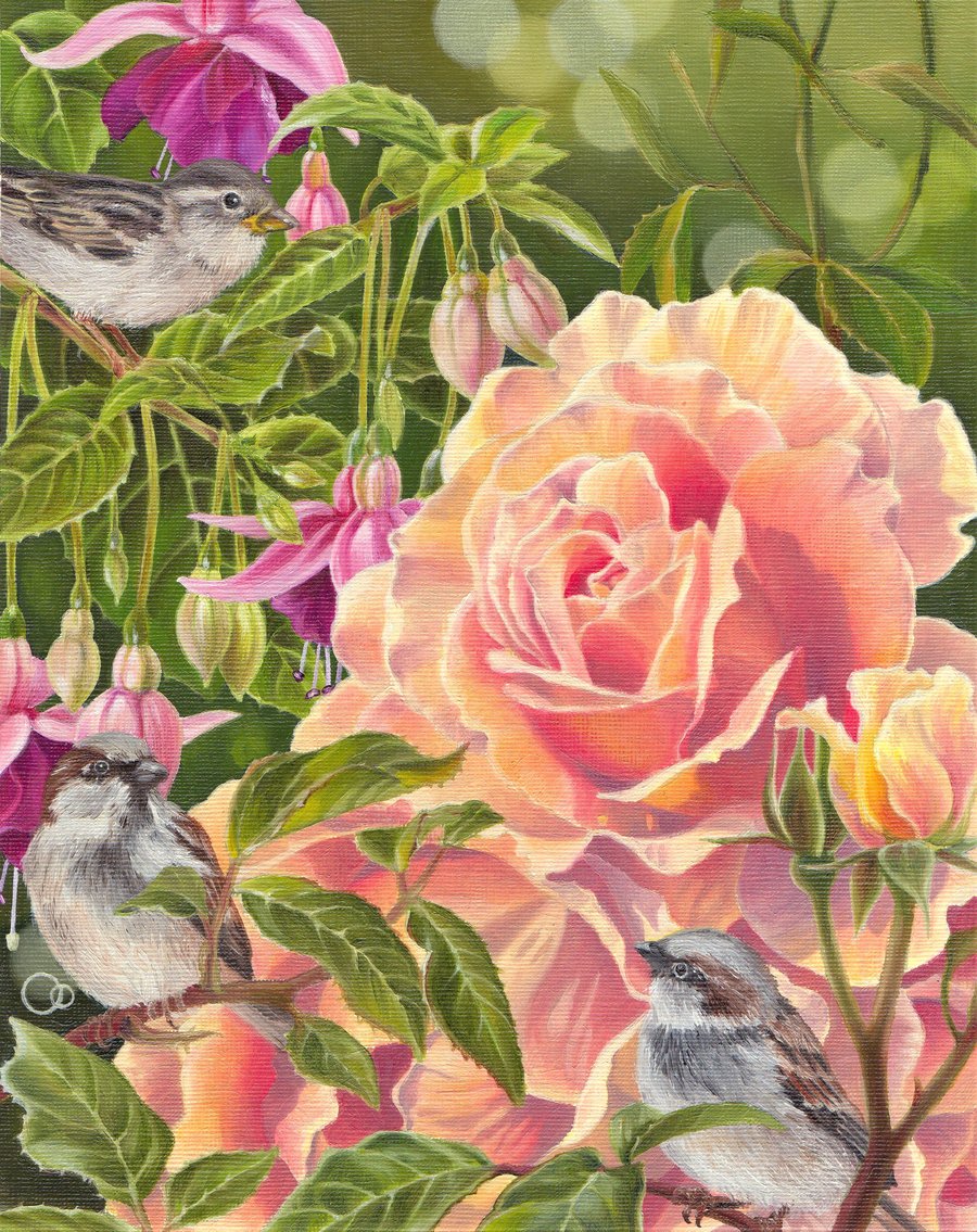 Three Little Sparrows Bird Art A4 Digital Print