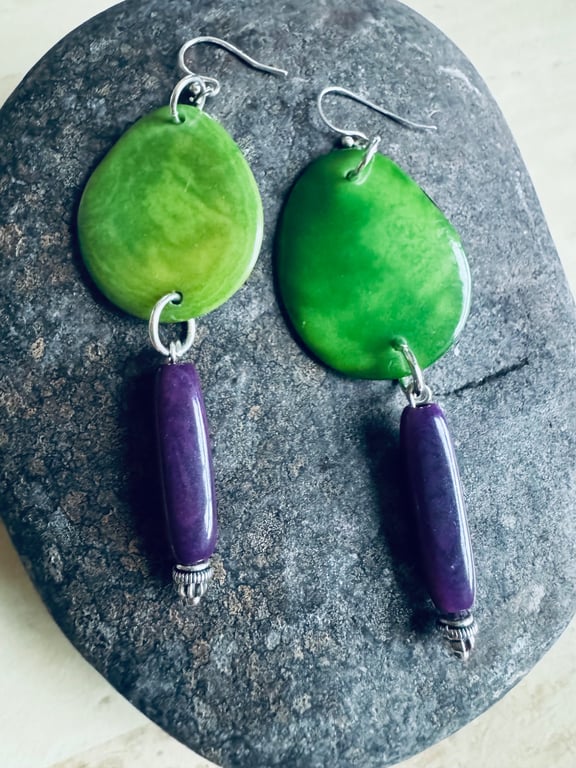 Green purple Tagua nut dangle eco earrings 