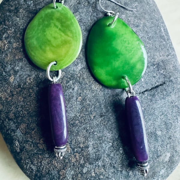 Green purple Tagua nut dangle eco earrings 
