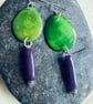 Green purple Tagua nut dangle eco earrings 