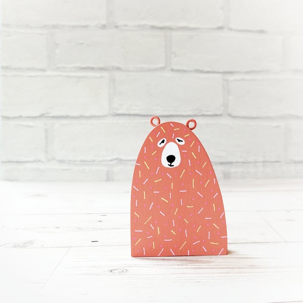 Cute Coral Bear, Handmade Wooden Bear