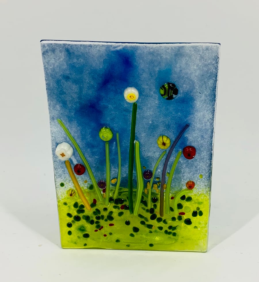 Hand Made Fused Glass Meadow tea light stand with bumble bee.