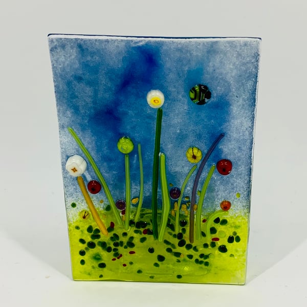 Hand Made Fused Glass Meadow tea light stand with bumble bee.