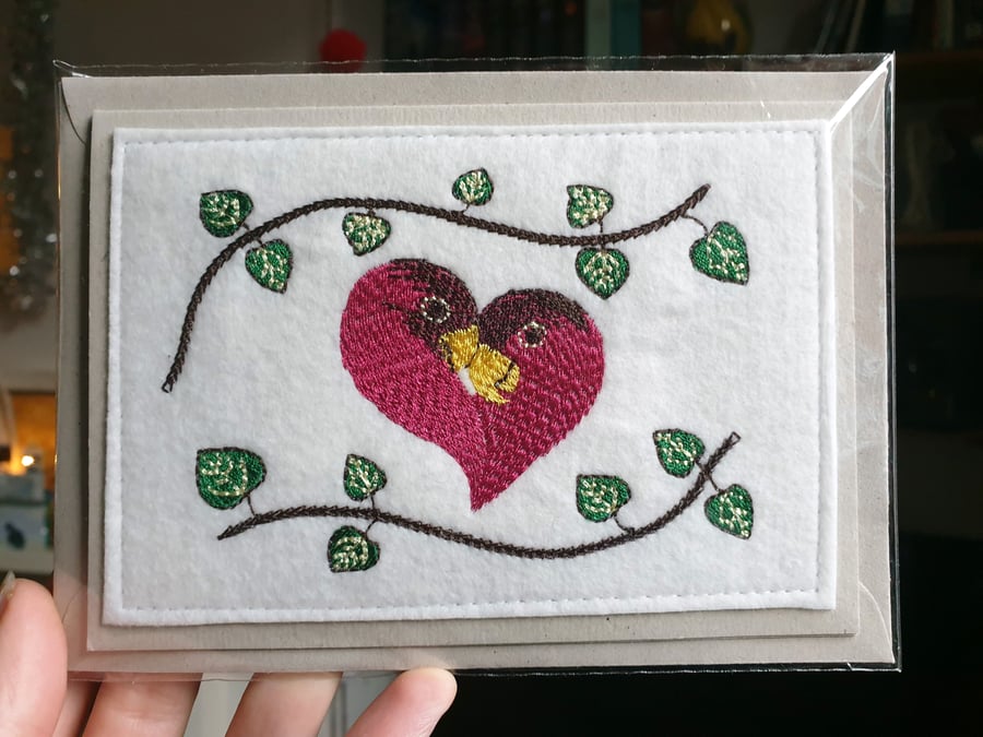 Lovebirds Machine Embroidered Valentines Day Card, Gift, on 100% Recycled Card
